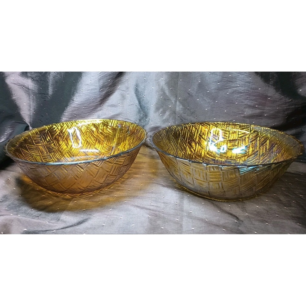 Indiana Iridescent Gold Glass "Weavetex" Pattern 9" Bowl Basketweave
